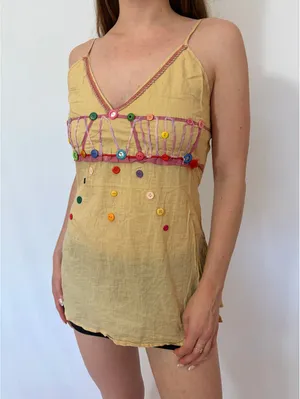 Pale Yellow Button Detail Pink Trim Tie Back Y2k Tank Top thumbnail 9