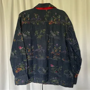 Quacker Factory Jacket Embroidered Floral Blue Denim Jean Trucker Women's Size L thumbnail 3