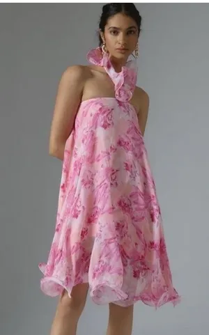 Anthropologie mini pink dress tie neck size small thumbnail 1