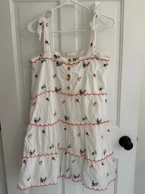 Sézane White Embroidered Floral Cotton Tie Shoulder‎ Tiered Mini Dress EU 38 M thumbnail 4