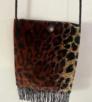 Velvet Leopard Print Fringe Bag Purse Brown thumbnail 1