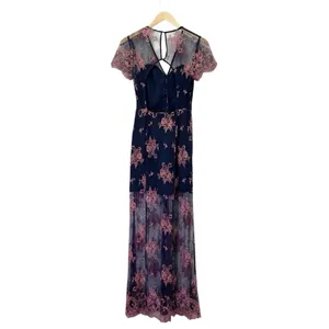 Lovers + Friends Shoreline Maxi Dress Navy Pink Lace Size Small Sheer Floral thumbnail 2
