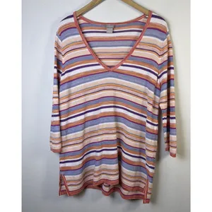 Chico's 2 Multi Color Striped Sweater Top large Linen blend Orange fall festival thumbnail 2