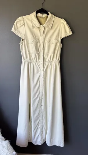 Cream Faux Leather Button-Front Midi Dress with Short Sleeves and Pockets thumbnail 1