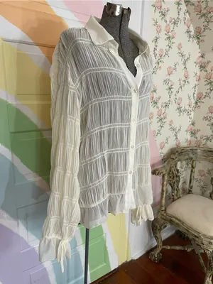 SNDYS La Louisiane Shirred Sheer Flare Sleeve Cream Button Front Top Sz M 💛🎀 thumbnail 6