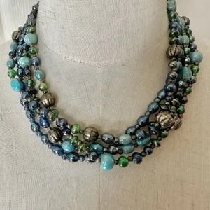 Blue green silver tone multi strand vintage necklace thumbnail 1