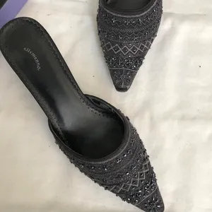 2000s Y2K Whimsygoth Romantic Coquette Black mules kitten heels pumps sequins beading genuine leather. Glamorous embellished pointed-toe sandals-Women’s size 8 Approx 2.5” kitten heels #coquette #twee #fairycore #whimsygoth #dark thumbnail 5
