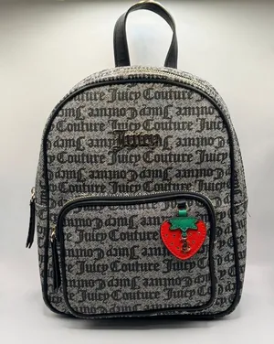 Juicy Couture Freshly Picked Backpack Black Beige Gothic Logo Strawberry Charm thumbnail 1
