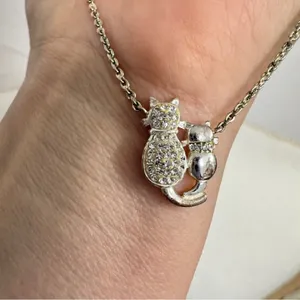 Silver Tone Kitty Cat Rhinestone Pendant Necklace Womens Jewelry thumbnail 6