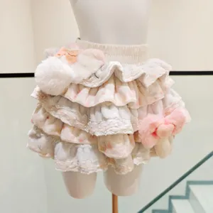 Women Sweet Fluffy Tiered Mini Skirt Elastic Waist Ruffled Lace Trim Plush Bow Pom Pom Decor Kawaii Cute A‑Line Short Skirt For Cosplay Daily thumbnail 2