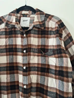 Aerie 100% Cotton Oversized Brown Button Up Flannel Shirt Large Rustic Fall thumbnail 3