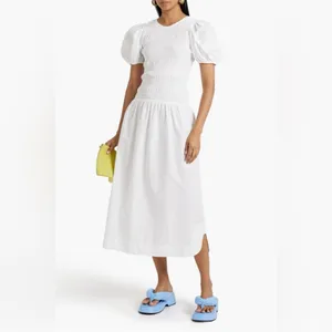 Ganni Smocked Poplin Midi‎ Dress in White Organic Cotton thumbnail 2