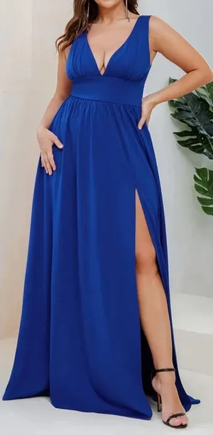 Ever-Pretty Women's Royal floor Length High Stretch Side Slit Pleated Size‎ L thumbnail 1