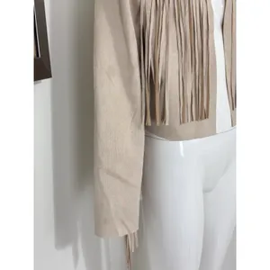 Women’s Boho Western Fringe Faux Suede Jacket Beige Festival Cowgirl Size L thumbnail 5