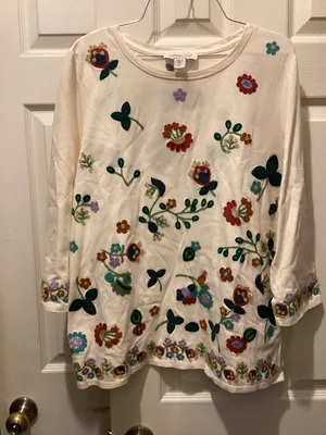 Coldwater Creek Cream Embroidered Floral Tunic thumbnail 1