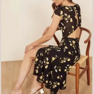 REFORMATION Black Floral Print WELLFLEET V-Neck Cutout Back Midi Dress thumbnail 6