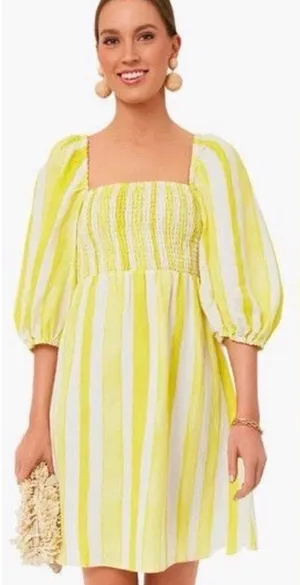 Tuckernuck Eubanks Wimberly Yellow Cabana Stripe Annie Smocked Dress Small thumbnail 1
