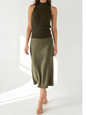 LILYSILK Classic High-Neck Cable-Knit Sleeveless Silk Top, Pine, Large thumbnail 2
