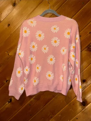 SheIn Hot pink Daisy floral print open front button cardigan sweater thumbnail 8