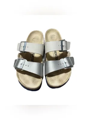 Birkenstock Arizona Split Sandals Women's 38 Leather Two Toned White Silver thumbnail 2