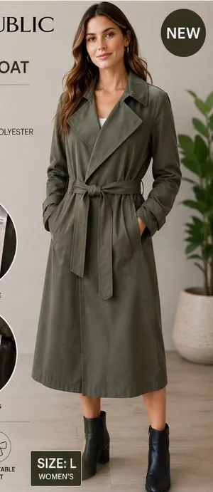 New BANANA REPUBLIC Trench Coat Olive Green Length 38 inches Size L Large Tie thumbnail 1