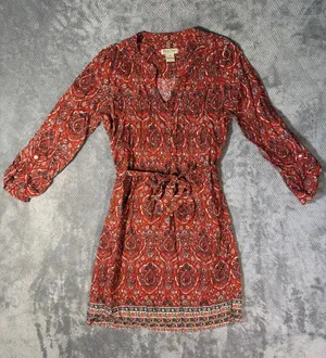 Lucky Brand Size XS Orange Paisley Wrap Dress Boho Western Long Sleeve Tie Waist thumbnail 2
