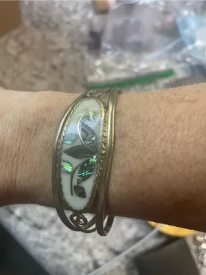 Vintage Alpaca Mexico Abalone Mother‎ of Pearl Inlay Floral Cuff Bracelet Silver thumbnail 5