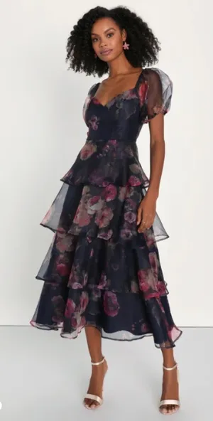 LULU's Floral Sexy Flowy Special Event Prom Wedding Elegant Ruffles Midi Dress thumbnail 1