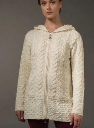 Aran Crafts 100% Merino Wool Chunky Cable Knit Hooded Sweater Zip Up Jac… thumbnail 1
