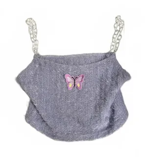 Purple Knit Crop Top with Chain Straps and Butterfly Patch Size L thumbnail 1