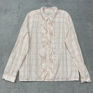 Loft Womens Shirt XL Orange White Plaid Button‎ Ruffle Cotton Top Ann Taylor thumbnail 1