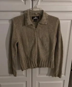 Spice‎ It Up Vintage Tan Ribbed Zip Up Cardigan Sweater Small Acrylic Knit Taupe thumbnail 1