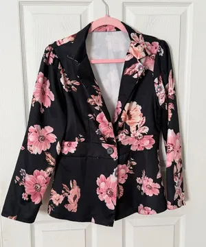 Black Floral Blazer - Pink Floral Print Women's Jacket medium thumbnail 1