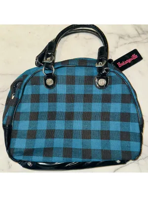 NWT Y2K Betsy Johnson Blue Plaid Bowler Handbag Bag Satchel Rockabilly Pin Up thumbnail 7