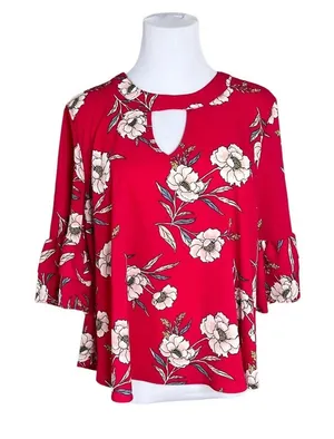 URBAN Romantics Red Floral Swing Blouse LARGE‎ Keyhole Neck Ruffle Sleeves NWOT thumbnail 1