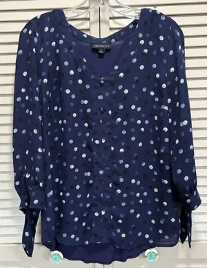 Fortune +‎ Ivy Polka Dot Chiffon Blue/White 3/4 Tie Sleeve Button Blouse Size M thumbnail 1