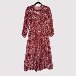 En Saison Womens Dress Red Maxi V Neck Floral Puff Sleeve Pleated Fairycore XS thumbnail 2