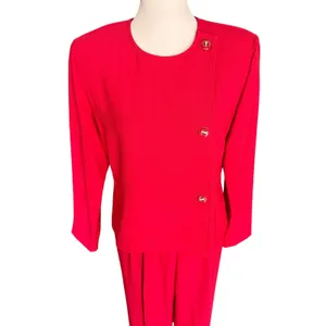 Vintage Red 2 Piece Pant Suit‎ Asymmetrical Button Blazer Pleated Trousers 1980s thumbnail 2