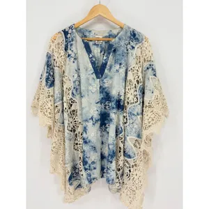 Mindset‎ by XCVI Large Blue Acid Wash Tie Dye Crochet Lace Poncho Top Boho thumbnail 2