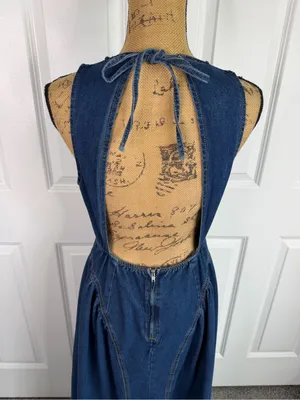 Poselle Denim Open Back Maxi Dress Size L Cotton Blend Sleeveless A-Line Dress thumbnail 6