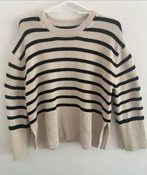 GAP Crew Neck Cotton Nautical Split Hem Striped Sweater Pullover Black Cream M thumbnail 1
