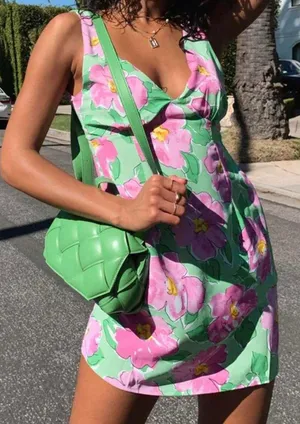 Princess Polly Quincy mini dress green and pink floral thumbnail 1