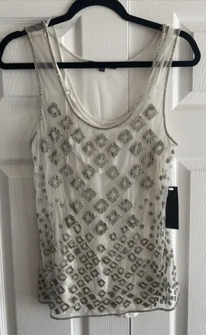Teen Angel Bugle Beaded Tank Womens Size XS White Silver Mesh‎ Y2K Glam Sparkle thumbnail 1