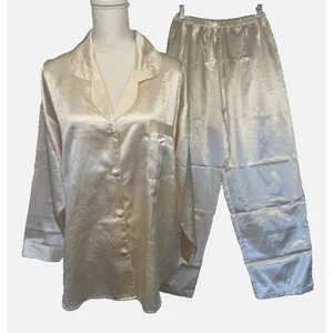 Victorias‎ Secret Pajama Set & Robe Womens Medium Ivory Satin Jacquard Floral M thumbnail 2
