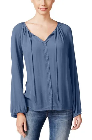 NWT Stoosh Juniors Long-Sleeve Lace-Inset Peasant Blouse Top Blue L thumbnail 1