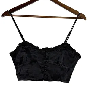 Zara Ruffled Satin Crop Top Adjustable Straps Front Buttons Smocked Back M Black thumbnail 1