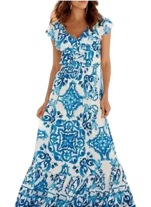 Alexia Admor Size L Blue White Majolica Mediterranean Floral Ruffle V-Neck Dress thumbnail 1