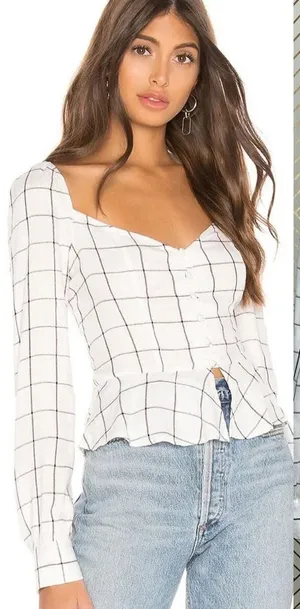 Superdown‎ Marrie Flannel Puff Sleeve Top White & Pink Size US Large thumbnail 1