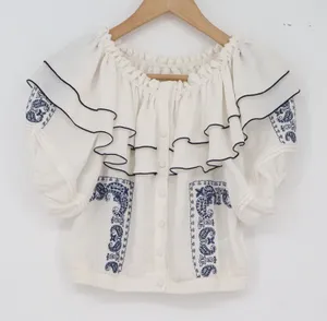 HERAPLUS Blouse Womens 0 Boho Ruffle Off-Shoulder White Blue Paisley Excellent thumbnail 1