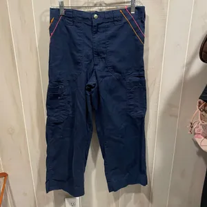 Cute navy Carhartt broken in work cargo pants pink orange trim chore thumbnail 12